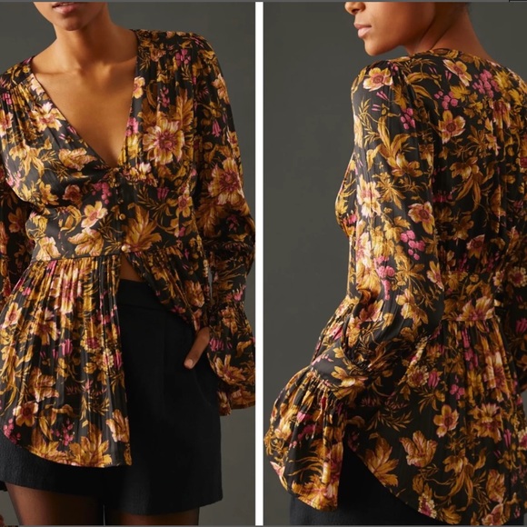 Anthropologie Tops - Anthropologie Deep-V Tunic Top Floral Blouse Corset Peplum Long Sleeve Size M